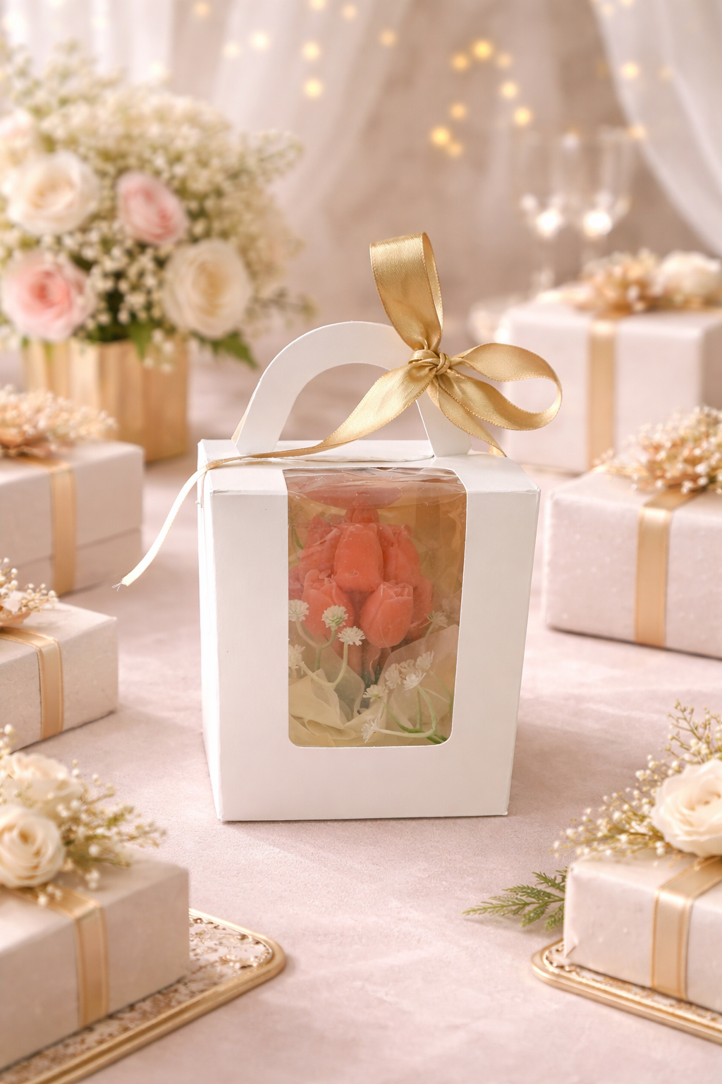 Souvenir 12 pzas velas en ramo de tulipán rosa